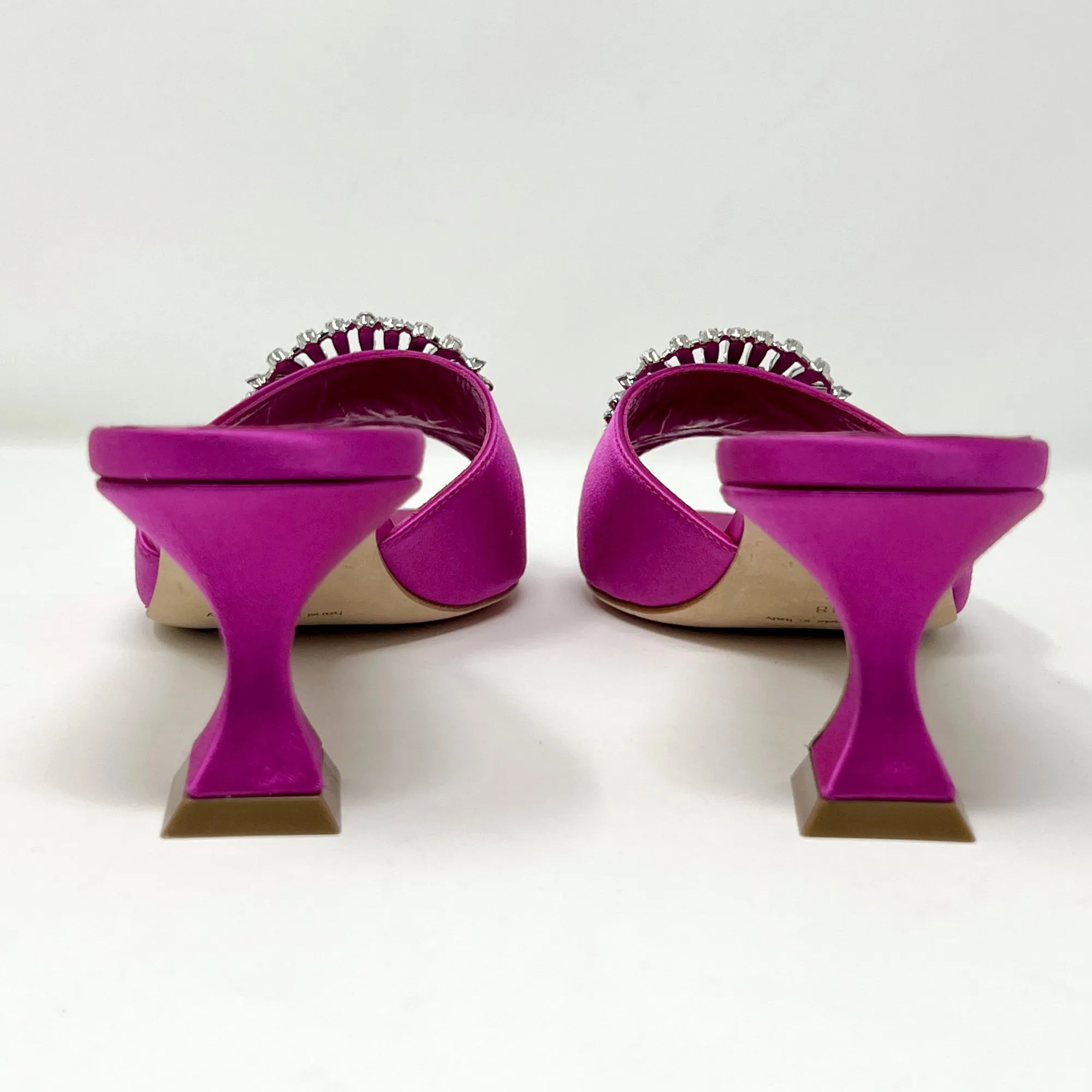 Manolo Blahnik Pink Fuchsia Magenta Satin Crystal Embellished Sandal Mules Heels Size EU 38