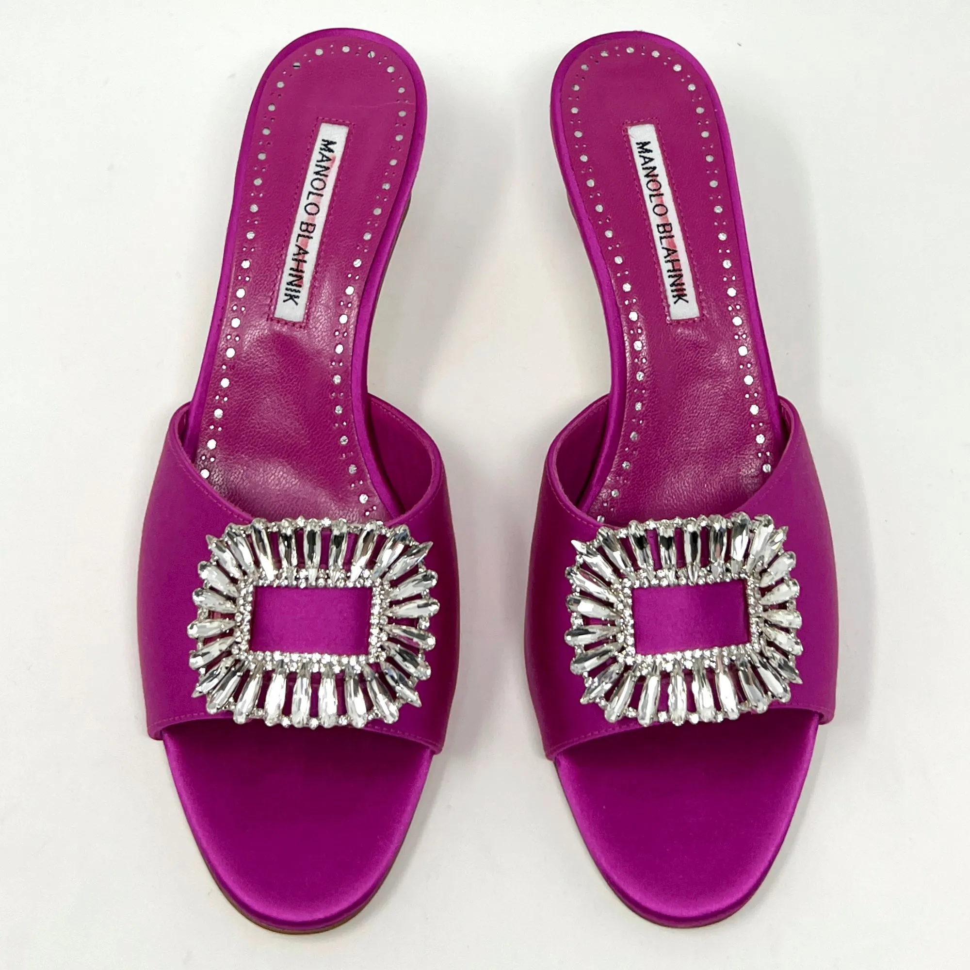 Manolo Blahnik Pink Fuchsia Magenta Satin Crystal Embellished Sandal Mules Heels Size EU 38
