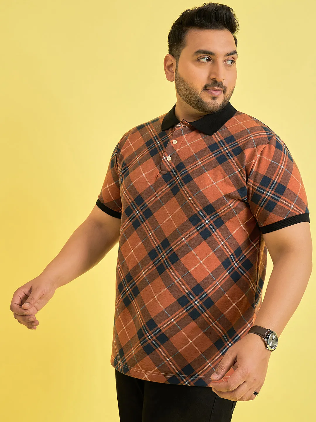 Men Plus Size Flavescent Check Polo Tshirt