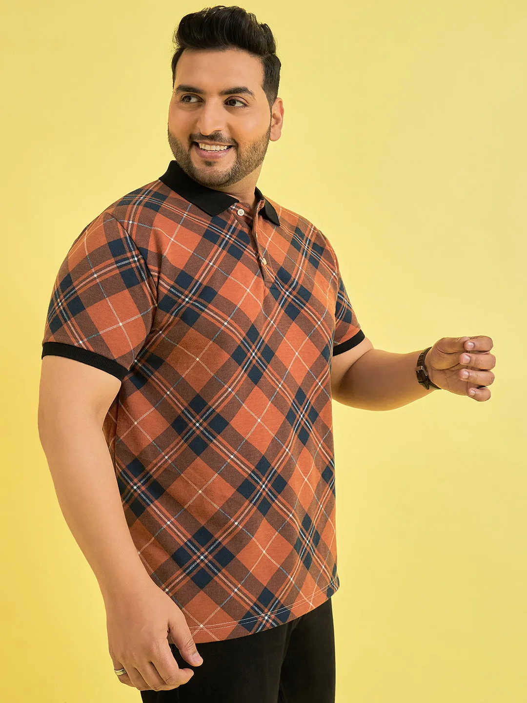 Men Plus Size Flavescent Check Polo Tshirt