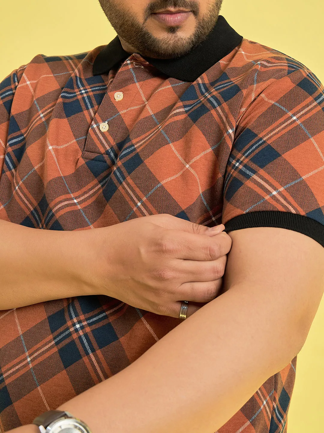 Men Plus Size Flavescent Check Polo Tshirt