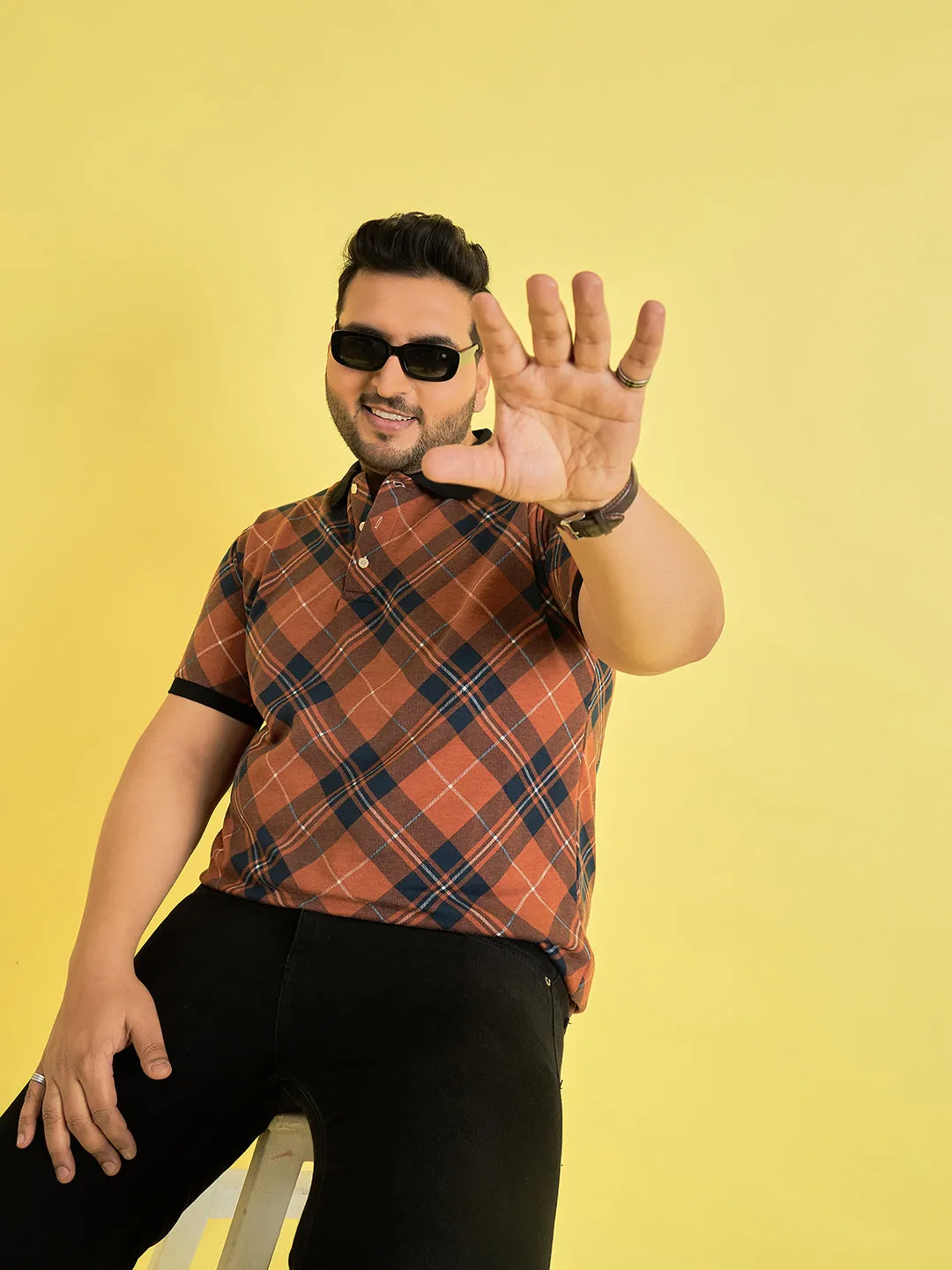 Men Plus Size Flavescent Check Polo Tshirt