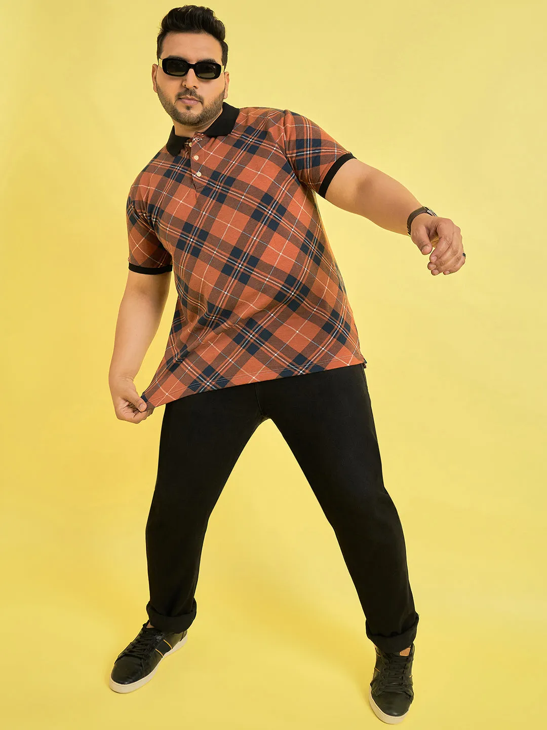 Men Plus Size Flavescent Check Polo Tshirt