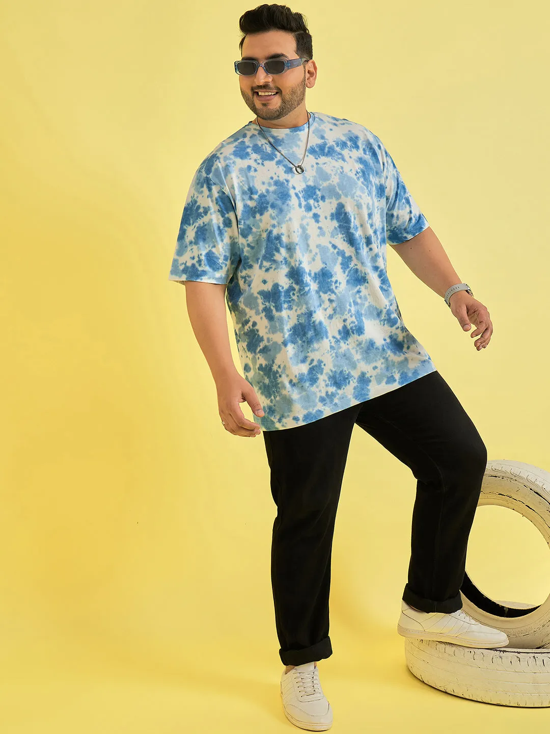Men Plus Size Novation Sky blue Printed Round Neck Tshirt