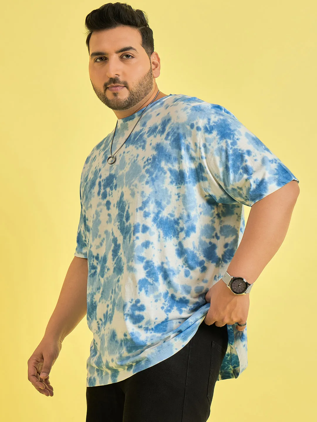 Men Plus Size Novation Sky blue Printed Round Neck Tshirt