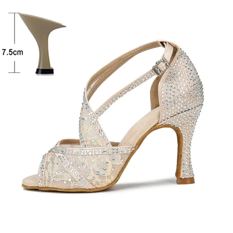 Mesh Breathable Latin Dance Shoes Women&#39;s High Heel Diamond 2023 Summer Sandals Indoor Soft Bottom Jazz Tango Sasa Free Shipping