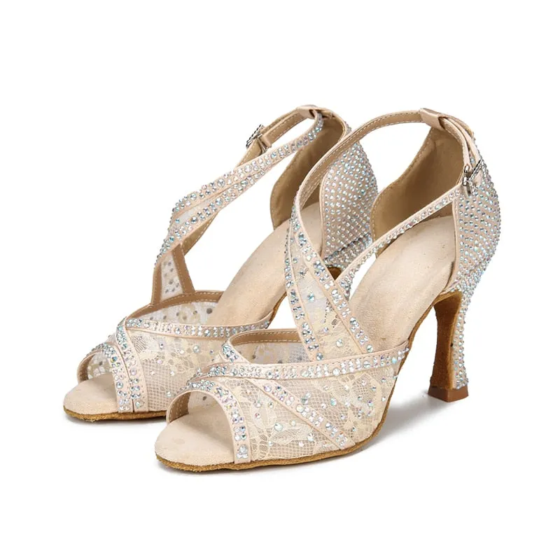 Mesh Breathable Latin Dance Shoes Women&#39;s High Heel Diamond 2023 Summer Sandals Indoor Soft Bottom Jazz Tango Sasa Free Shipping