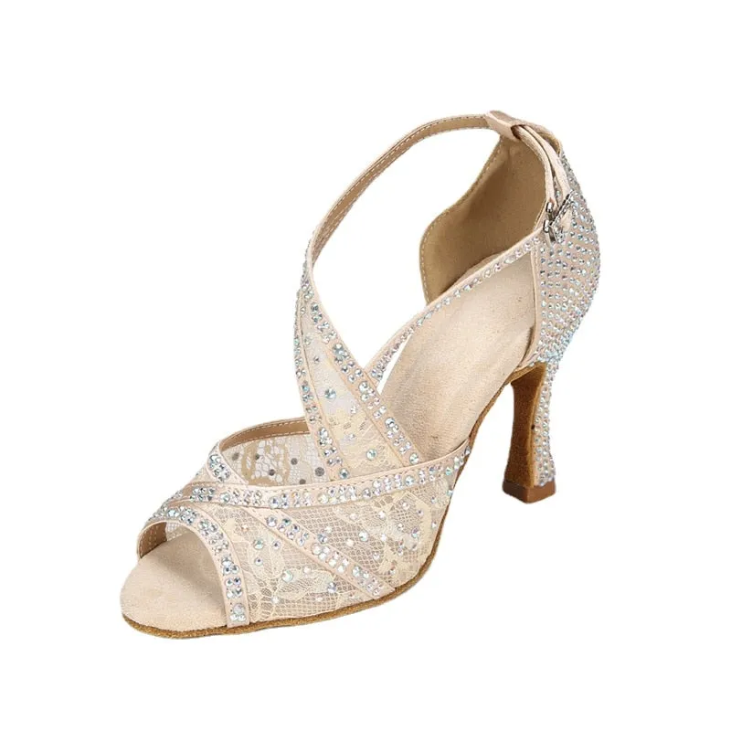Mesh Breathable Latin Dance Shoes Women&#39;s High Heel Diamond 2023 Summer Sandals Indoor Soft Bottom Jazz Tango Sasa Free Shipping