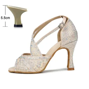 Mesh Breathable Latin Dance Shoes Women&#39;s High Heel Diamond 2023 Summer Sandals Indoor Soft Bottom Jazz Tango Sasa Free Shipping