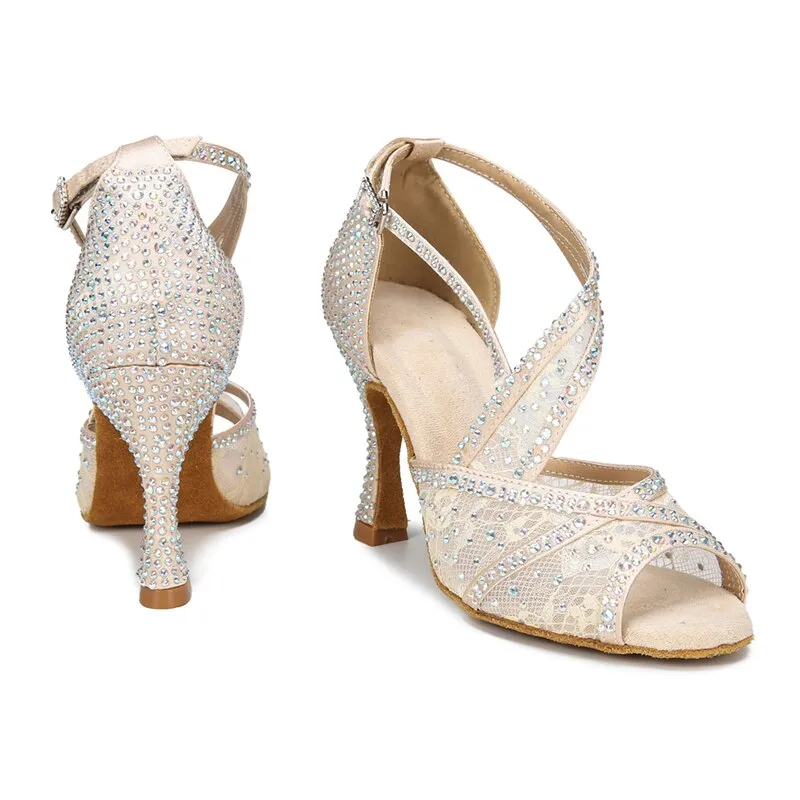 Mesh Breathable Latin Dance Shoes Women&#39;s High Heel Diamond 2023 Summer Sandals Indoor Soft Bottom Jazz Tango Sasa Free Shipping