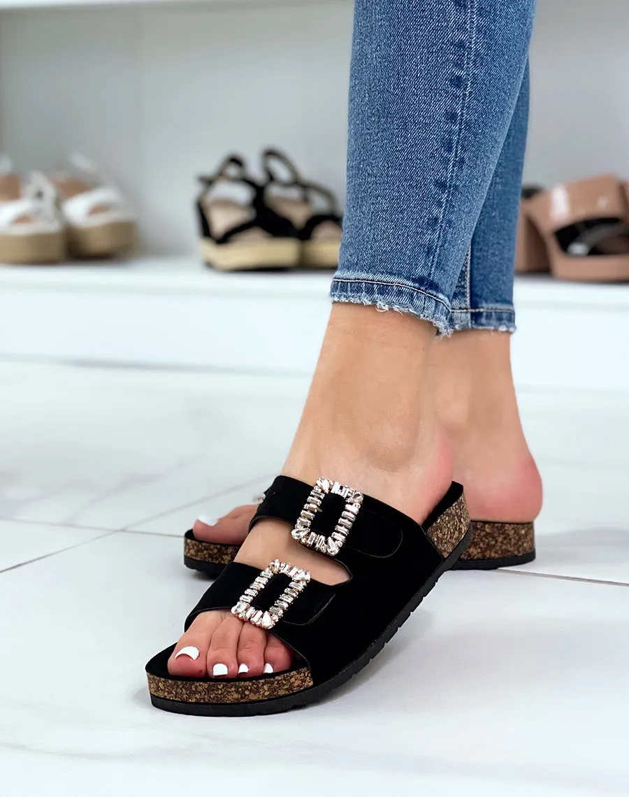 Mules noires à lanières épaisses et bijoux à strass