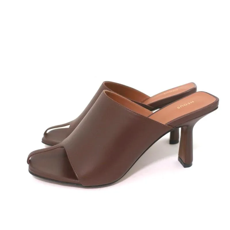Neous Jumel Mules Chocolate Leather Size 38 Cutout-Toe Heels NEW