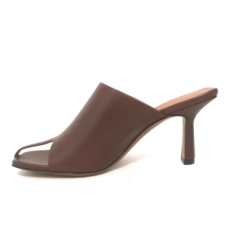 Neous Jumel Mules Chocolate Leather Size 38 Cutout-Toe Heels NEW