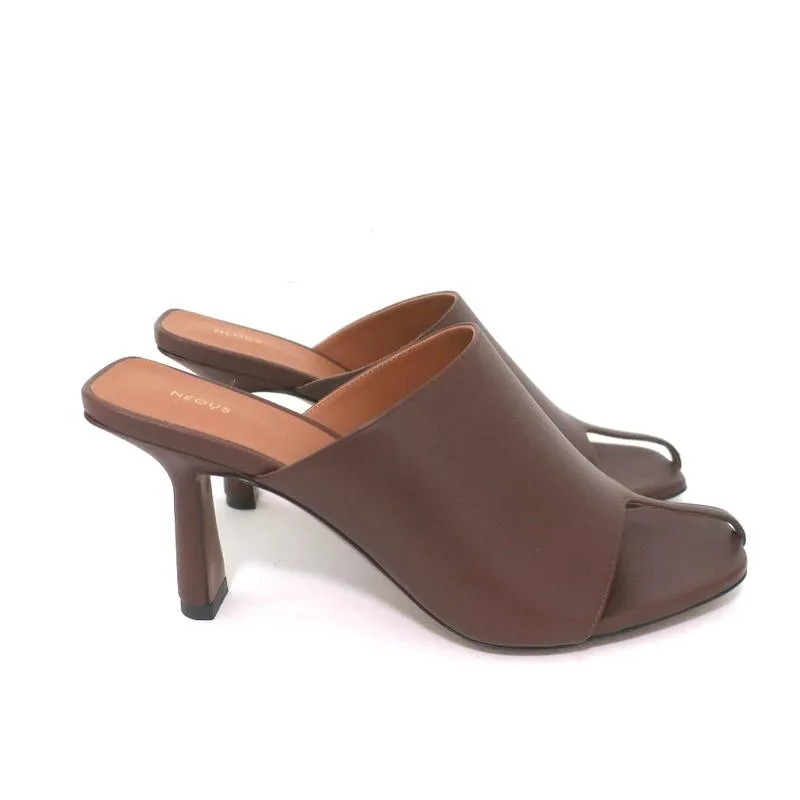 Neous Jumel Mules Chocolate Leather Size 38 Cutout-Toe Heels NEW