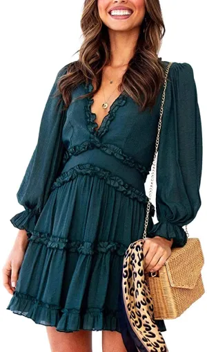 New AILUNSNIKA Womens Boho V Neck Short Ruffles Casual Backless Swing Skater Dress in Emerald Green, Sz L!