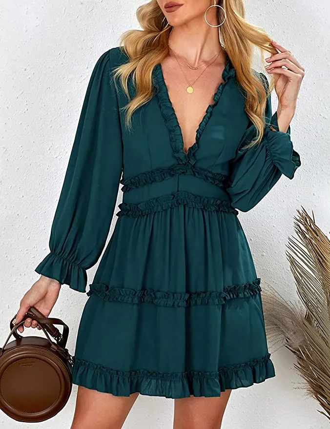 New AILUNSNIKA Womens Boho V Neck Short Ruffles Casual Backless Swing Skater Dress in Emerald Green, Sz L!