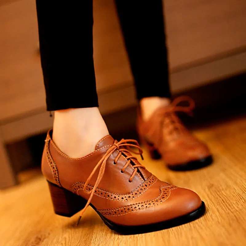 New Autumn Women Shallow Brogue Shoes Vintage Chunky Heel Cut Out Oxford Shoes