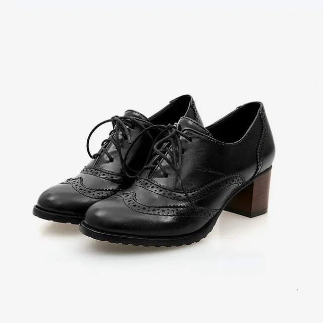 New Autumn Women Shallow Brogue Shoes Vintage Chunky Heel Cut Out Oxford Shoes