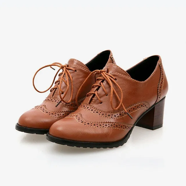 New Autumn Women Shallow Brogue Shoes Vintage Chunky Heel Cut Out Oxford Shoes
