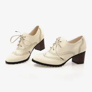 New Autumn Women Shallow Brogue Shoes Vintage Chunky Heel Cut Out Oxford Shoes