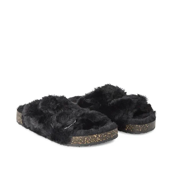 New George Womens Slides Slippers Open Toe Fur Plush Lining Cork Fuzzy Sandals Indoor Outdoor Slip on Cozy House Shoes, Black, Sz 11