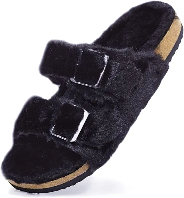 New George Womens Slides Slippers Open Toe Fur Plush Lining Cork Fuzzy Sandals Indoor Outdoor Slip on Cozy House Shoes, Black, Sz 11