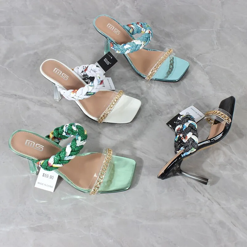 New One-character Chain Color Matching Braided Belt High Heel