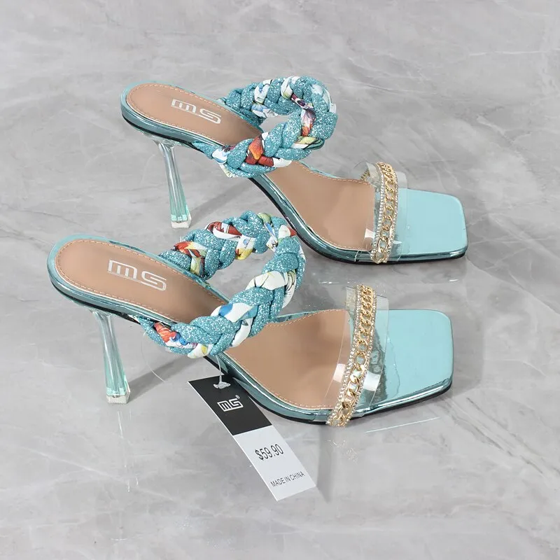 New One-character Chain Color Matching Braided Belt High Heel