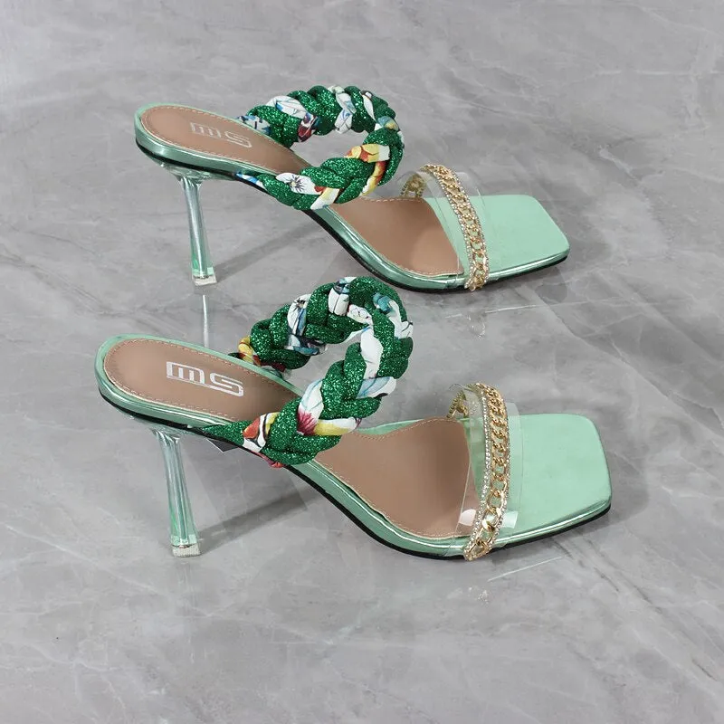 New One-character Chain Color Matching Braided Belt High Heel