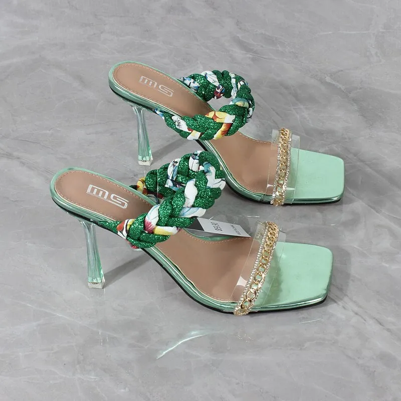 New One-character Chain Color Matching Braided Belt High Heel