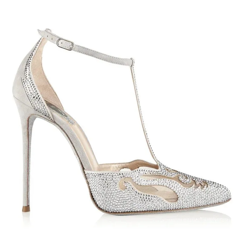 New Silver Hollow Pointy Shoes Sexy High Heel T-Strap Pumps For Women