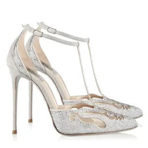 New Silver Hollow Pointy Shoes Sexy High Heel T-Strap Pumps For Women