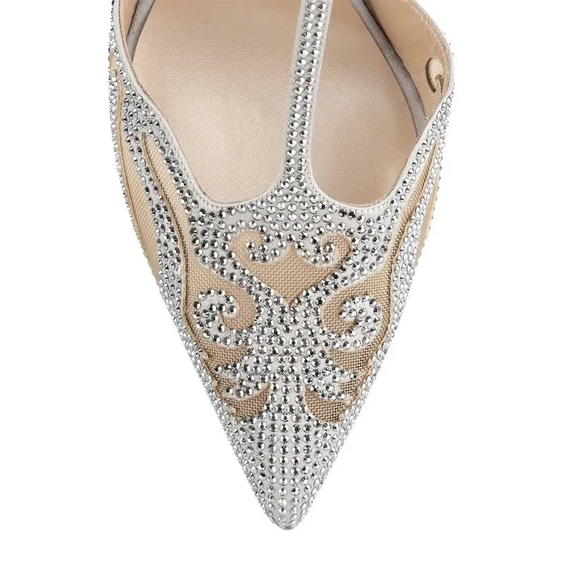 New Silver Hollow Pointy Shoes Sexy High Heel T-Strap Pumps For Women