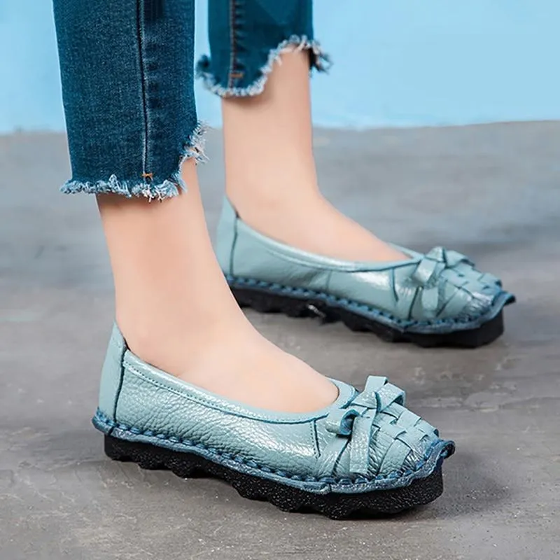 New Women Flats Genuine Leather Shoes Women Casual Shoes Retro Flower Flat Women Shoes