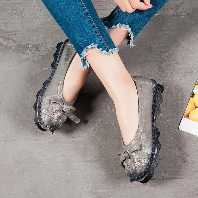 New Women Flats Genuine Leather Shoes Women Casual Shoes Retro Flower Flat Women Shoes