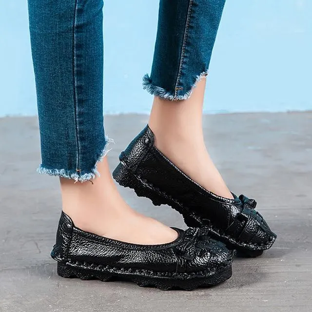 New Women Flats Genuine Leather Shoes Women Casual Shoes Retro Flower Flat Women Shoes
