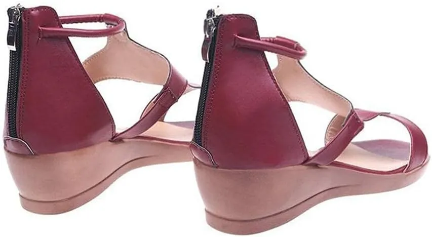 NEW Women's Fashion Wedge Sandals Comfort Rome Pedic Open Toe PU Leather Sandals Ladies Summer Walking Sandals for Outdoor Sport Beach Traveling Flip Flops, Burgundy, Sz 9