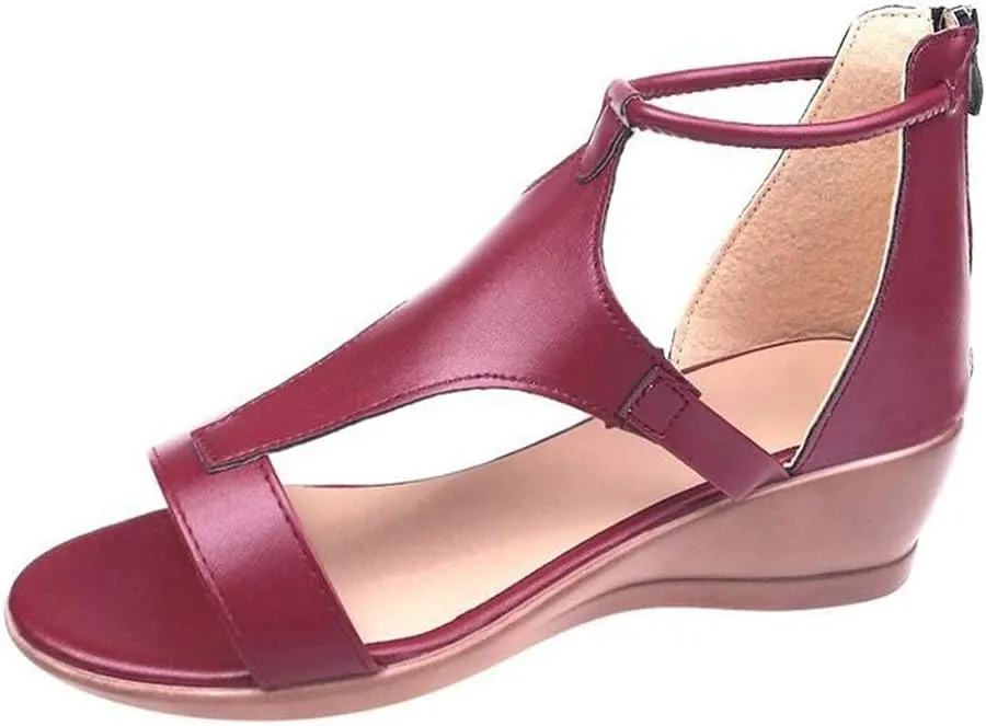 NEW Women's Fashion Wedge Sandals Comfort Rome Pedic Open Toe PU Leather Sandals Ladies Summer Walking Sandals for Outdoor Sport Beach Traveling Flip Flops, Burgundy, Sz 9
