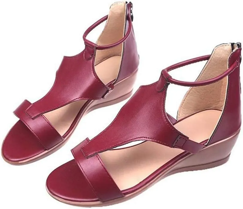 NEW Women's Fashion Wedge Sandals Comfort Rome Pedic Open Toe PU Leather Sandals Ladies Summer Walking Sandals for Outdoor Sport Beach Traveling Flip Flops, Burgundy, Sz 9