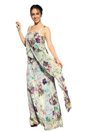 OBELIA Sleeveless Long Dress With Overlay Floral Print Tulle