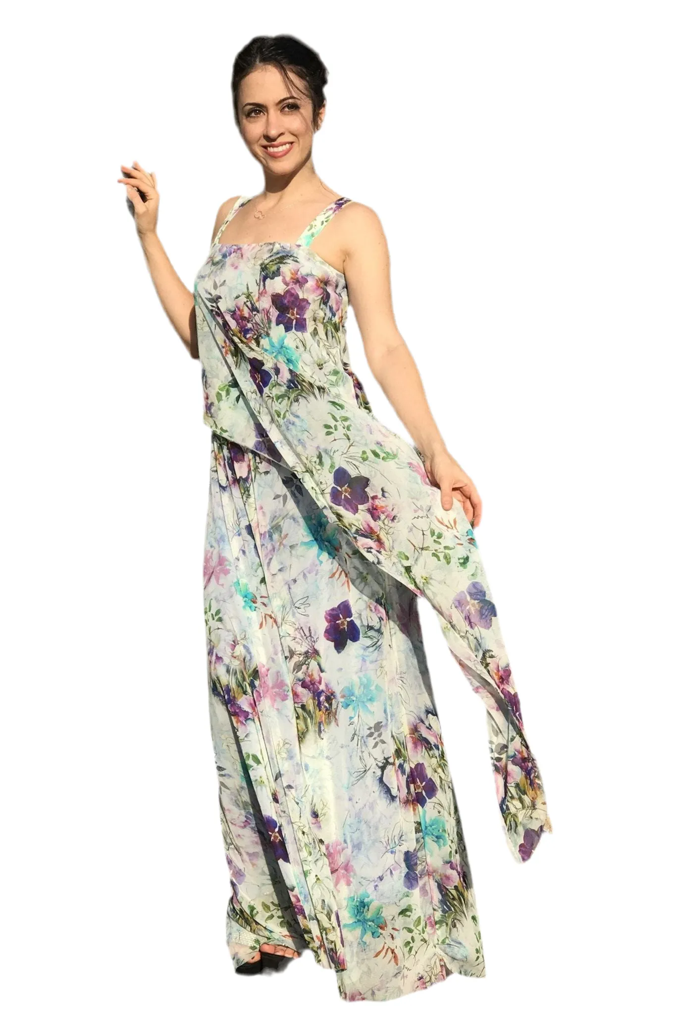 OBELIA Sleeveless Long Dress With Overlay Floral Print Tulle