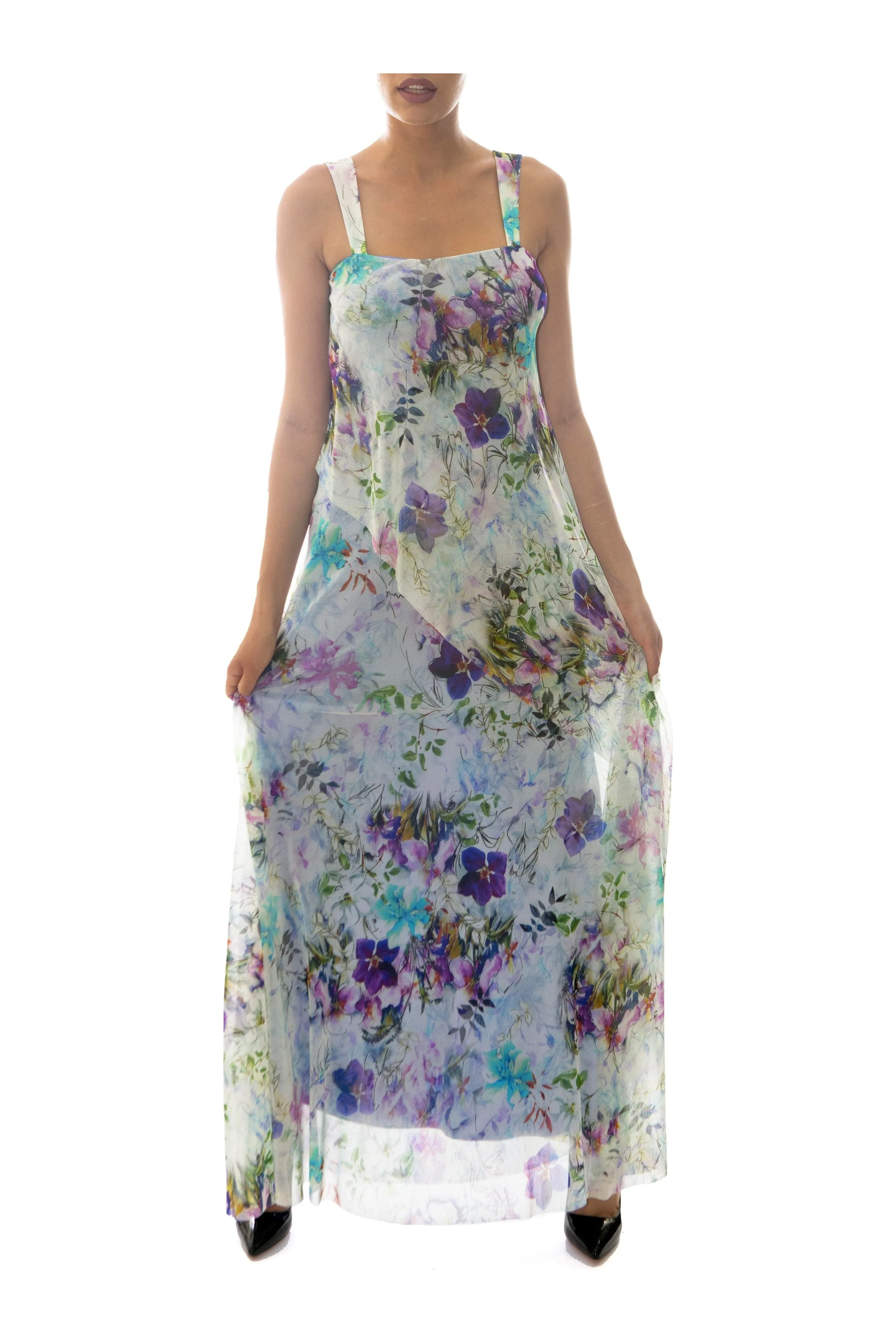 OBELIA Sleeveless Long Dress With Overlay Floral Print Tulle