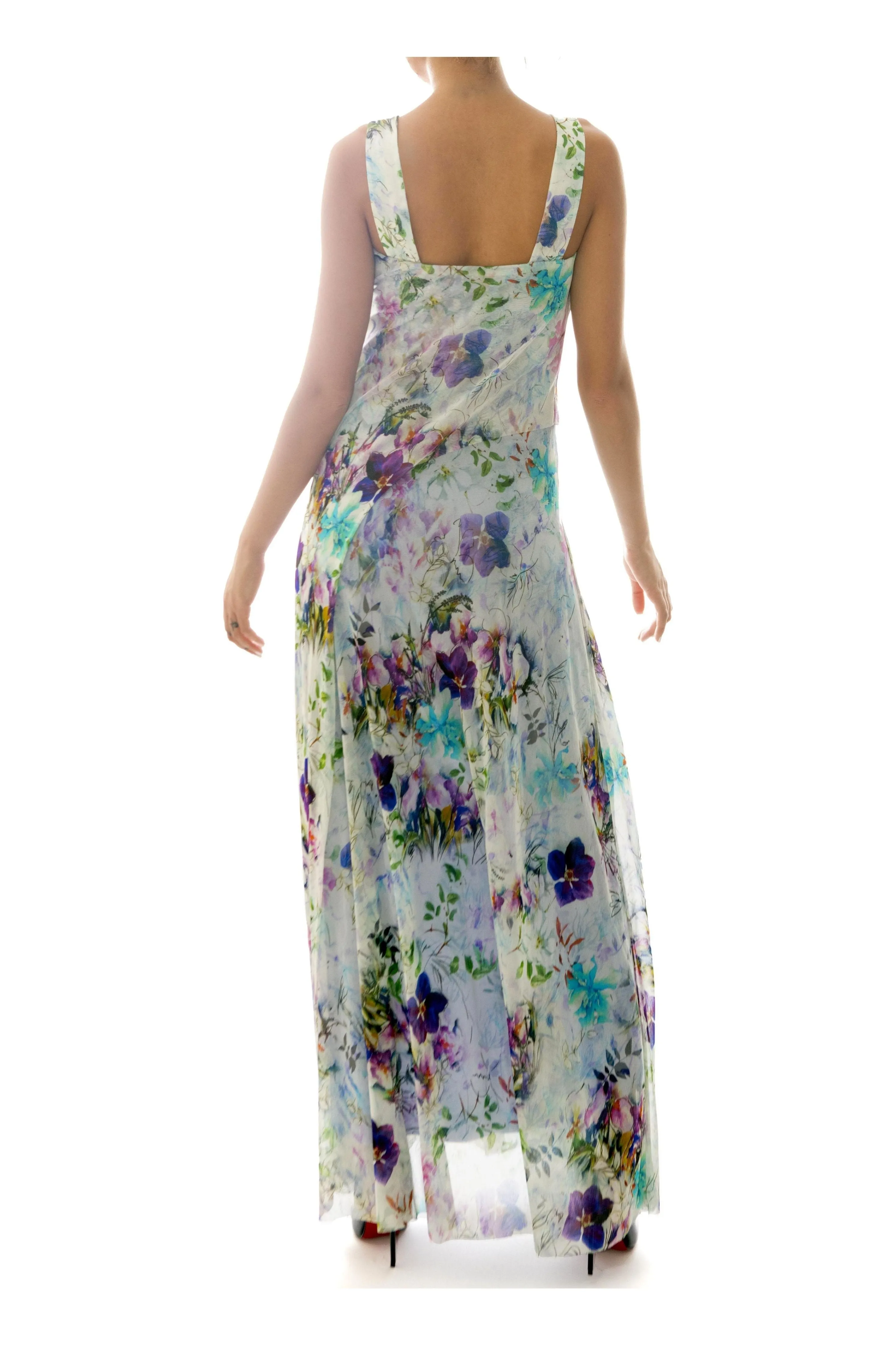 OBELIA Sleeveless Long Dress With Overlay Floral Print Tulle