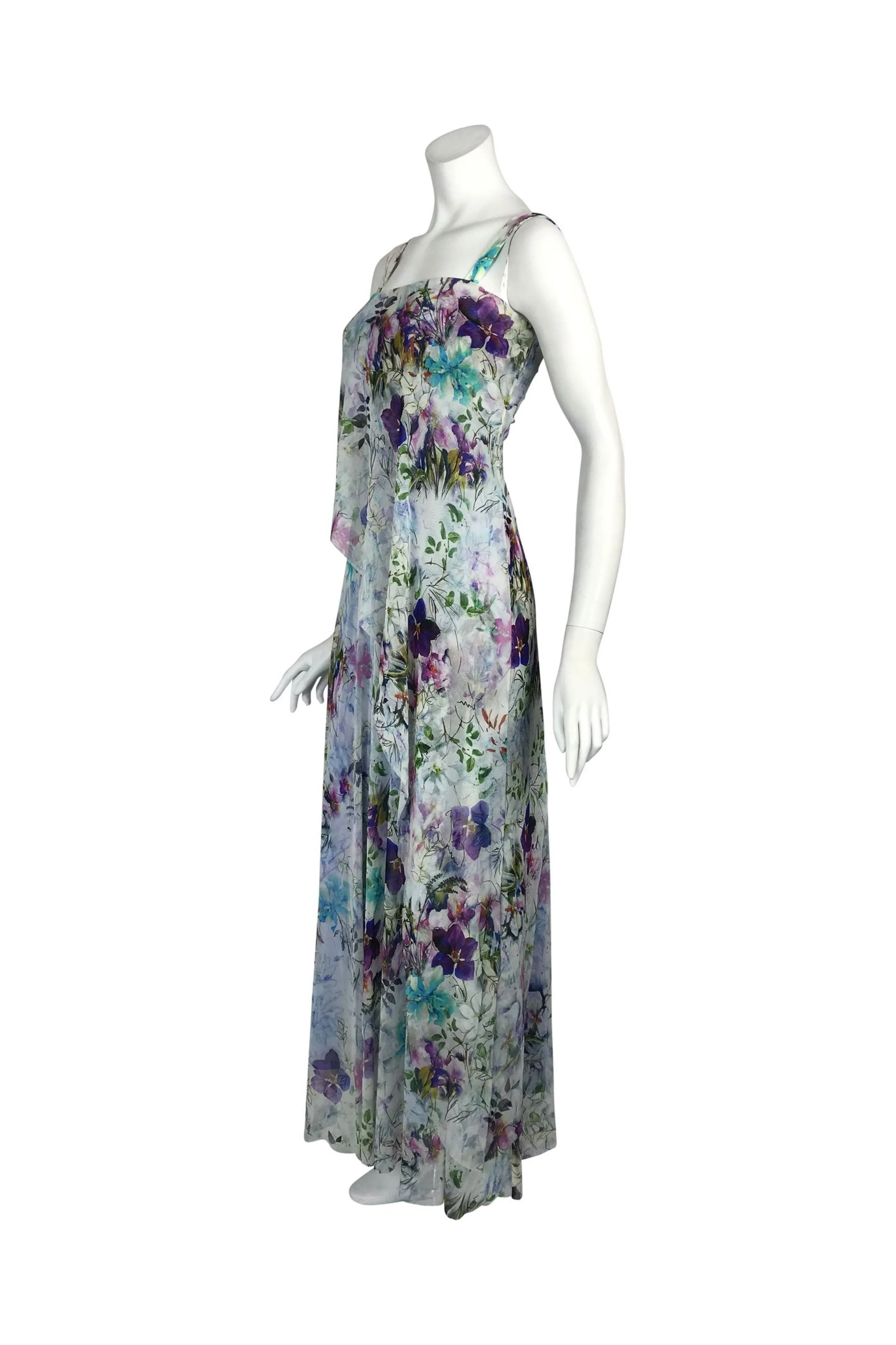 OBELIA Sleeveless Long Dress With Overlay Floral Print Tulle