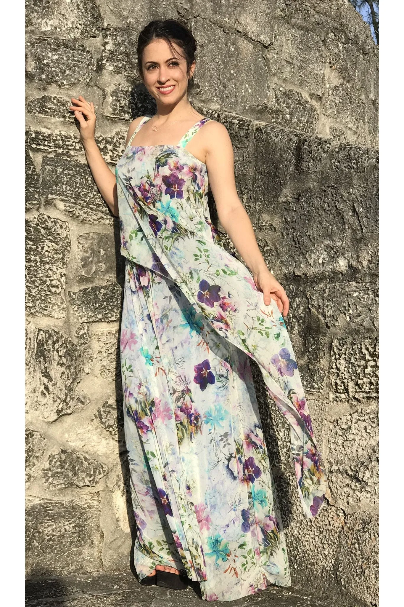 OBELIA Sleeveless Long Dress With Overlay Floral Print Tulle