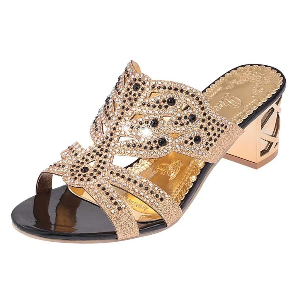 Open Toe Chunky Heels Women Sandals Leather Rhinestones Party Shoes Girls Crystals Casual Beach Flip Flops