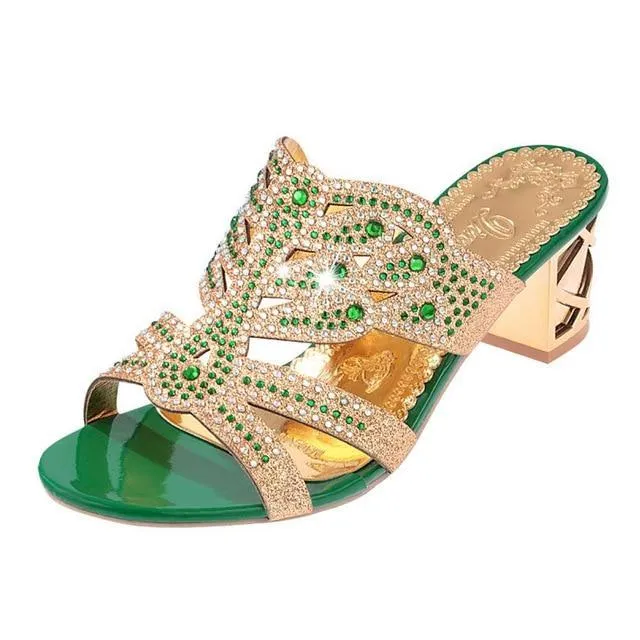 Open Toe Chunky Heels Women Sandals Leather Rhinestones Party Shoes Girls Crystals Casual Beach Flip Flops