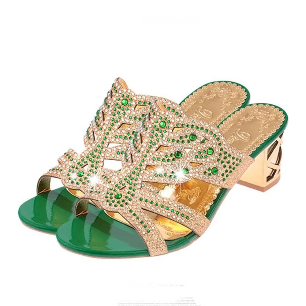 Open Toe Chunky Heels Women Sandals Leather Rhinestones Party Shoes Girls Crystals Casual Beach Flip Flops