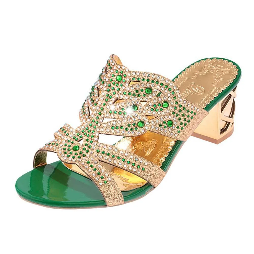 Open Toe Chunky Heels Women Sandals Leather Rhinestones Party Shoes Girls Crystals Casual Beach Flip Flops