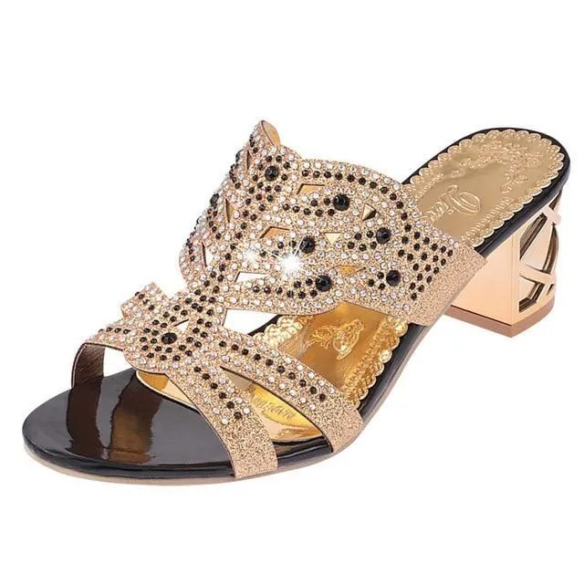 Open Toe Chunky Heels Women Sandals Leather Rhinestones Party Shoes Girls Crystals Casual Beach Flip Flops